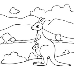 Cute australian kangaroo. Colouring page for children. Learning animals with fun and joy. Minimalistic design for colouring books and textile print. Vector black and white illustration.