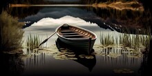 Small wooden rowboat on the water of the lake - outdoors image by generative AI