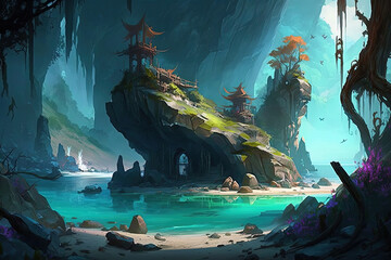 Emerald green coloured sea with floating islands concept art. Fantasy AI Generative illustration