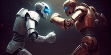 Fighting Robots - Two Cybernetic Artificial Intelligence (AI) Robots Boxing And Fist Fighting