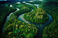 Aerial View Of Rainforest. Green Ecological Generative Illustration