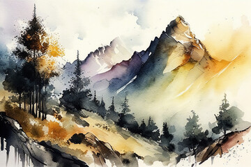 Mountain watercolor illustration. Landscape background ai generative