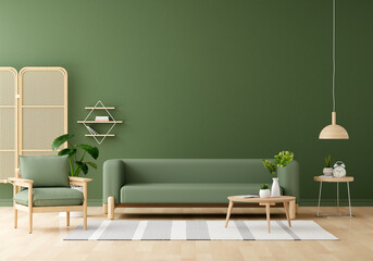 Wall Mural - Green sofa in green living room with copy space for mock up, 3D rendering