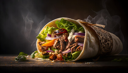 A delicious doner donair kebab wrapped with spicy meat, lettuce, tomato, red onion, and sauce.