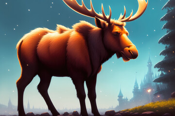 Wall Mural - Colorful magic moose, cartoon style painting. Generative ai art illustration