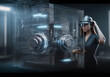 © Mafo - Woman wearing virtual reality (VR) headset designing new machine in futuristic production site