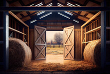 Interior Of Farm Barn With Hay Created With AI