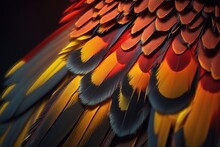 Red And Yellow Bird Feathers Close Up. AI Generation