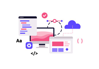 Online study, self development. Website building flat vector illustration. Upload data or photos to the cloud. Sharing information. Minimal editable web icons. Online business products and services.