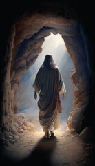 Jesus Rises from the Cave. AI Generative.