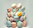 Woman with gigantic colorful macarons. AI generated image.