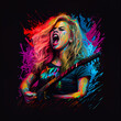 Blonde female rock singer with guitar. Generative AI.