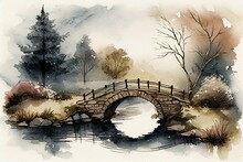 A Bridge Over A Pond, Watercolour Style Generative AI