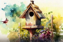 A Birdhouse In A Garden, Watercolour Style Generative AI