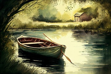 A rowboat on a river, watercolour style, Generative AI