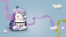 Cool Unicorn Kids Girls Leather Backpack With Decorative Clouds And Stars In Pink And Purple Colors Isolated On Clean Background Banner With Copy Space Area - Generative AI