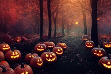 Spooky Halloween Forest With Scary Black Trees And Pumpkins On The Ground. AI Generated. Background. Generative AI