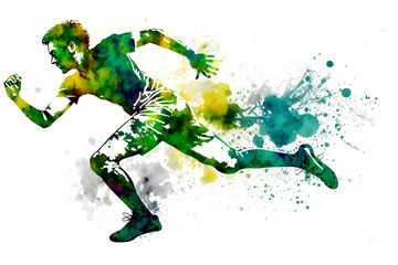 football soccer player in action with rrainbow watercolor splash. isolated white background. Neural network AI generated art