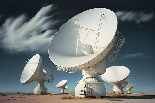 group of radio telescope satellite dishes. vla very large array in sandy area. neural network ai gen