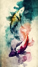 4K Resolution Or Higher, Abstract Pattern Background Design With Koi Fish Decorate In Water Color Texture. Generative AI Technology
