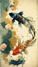 4K Resolution Or Higher, Abstract Pattern Background Design With Koi Fish Decorate In Water Color Texture. Generative AI Technology