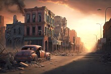 A Deserted City Street That Was Once Bustling With Activity, But Has Now Been Reduced To Rubble And Ashes After A Devastating Fire., Created With Generative Ai