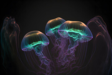 Group of clear glowing neon color light jelly fish in deep dark water. Neural network AI generated art