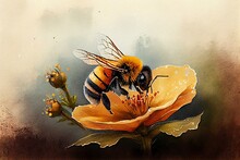 A Bee Collecting Pollen From A Flower, Watercolour Style Generative AI