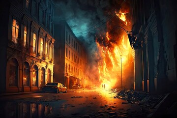 Wall Mural - dramatic night shot of a city street with flames and smoke billowing from buildings, illuminated by the flames., created with generative ai