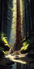 Painting Tree Middle Forest Hearthstone Card Artwork Dramatic Lighting Below Endor Roots Dangling Lens Flare Big Eyes Setting Midday Light, Generative Ai