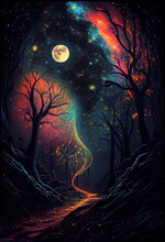 Painting Forest Night Full Moon Psychedelic Smoke Background Walking Out Flames Dreamy Illustration Dream Endless Dark Street Black Sky Stars Neon Road Nebula Fire No Path Metal, Generative Ai