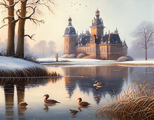 Painting Ducks Front Castle Oil Baroque Mansion Cold Scene Beautiful Symmetric Pond Art Matte Canvas, Generative Ai