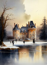 Painting People Skating Frozen Lake Masterpiece Elegant Old House Stunning Drawing Still Pond Gentle Snow Watercolor Art, Generative Ai