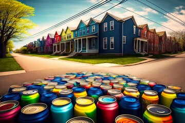 Poster - street with rows of colorful closed cans an empty city on lawn, created with generative ai