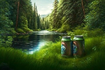 Poster - empty cans on meadow in lush greenery of forest by river, created with generative ai