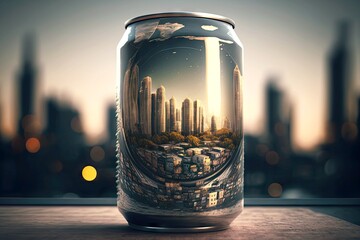 Poster - reflection of modern deserted city in glass surface of transparent can with drink, created with generative ai