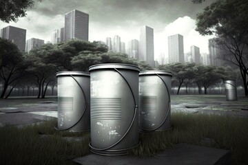 Poster - grey metal urban containers in park cans an empty city, created with generative ai