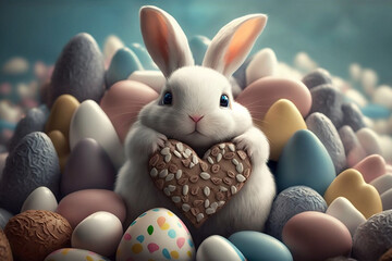 Wall Mural - Cute Easter Bunny Holding A Heart On Top Of So Many Easter Eggs, Easter Holiday, Generative Ai