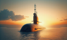 Military Submarine Cruising In Ocean . Submarine At Sunset Sailing On The Water Surface Of The Sea . Sublime Generative AI Image .