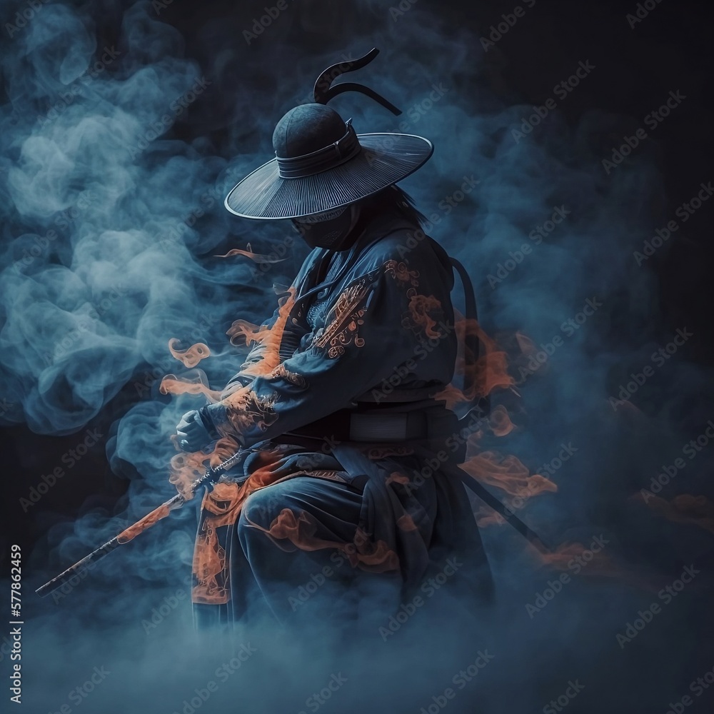 Samurai in the smoke. Smoke. Samurai on a dark background. Warrior