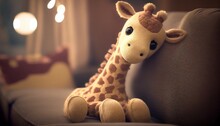 Cute Plush  Toy Giraff Sits, Soft Warm Lighting, Background Blur