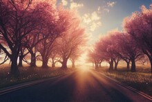Road Trip Through Spring Landscape. Generative AI