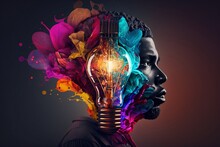 Colorful 3D Illustration Representing A Person With A Creative Mind, Lightbulb, Collage, Generative AI