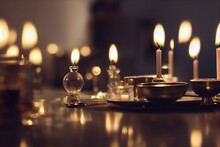 Close-Up Of Lit Candles On Table. Generative AI