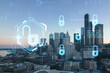 Seattle aerial skyline panorama of downtown skyscrapers at sunset, Washington USA. The concept of cyber security to protect confidential information, padlock hologram