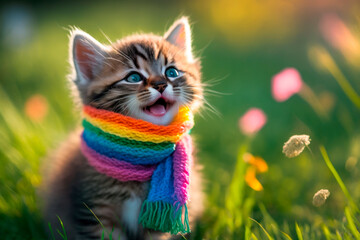 A cute multicolored scarf-wearing kitty is having fun and smiling on vibrant green grass on a sunny day,copy space, Generative AI