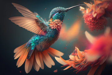 Wall Mural - Beautiful Hummingbird in Tropical Garden. AI generated Illustration.