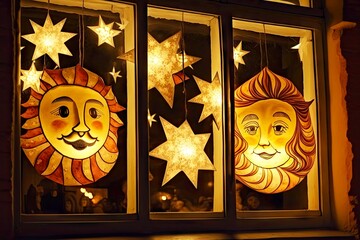 Sticker - bright christmas lanterns on window with faces and decorations in form of stars, created with generative ai