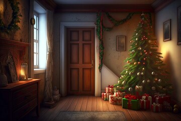 Sticker - christmas scene in house with christmas tree decorations lights and gifts, created with generative ai