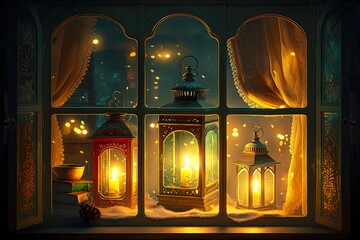 Wall Mural - festive christmas lanterns on window in house with glowing lamps, created with generative ai